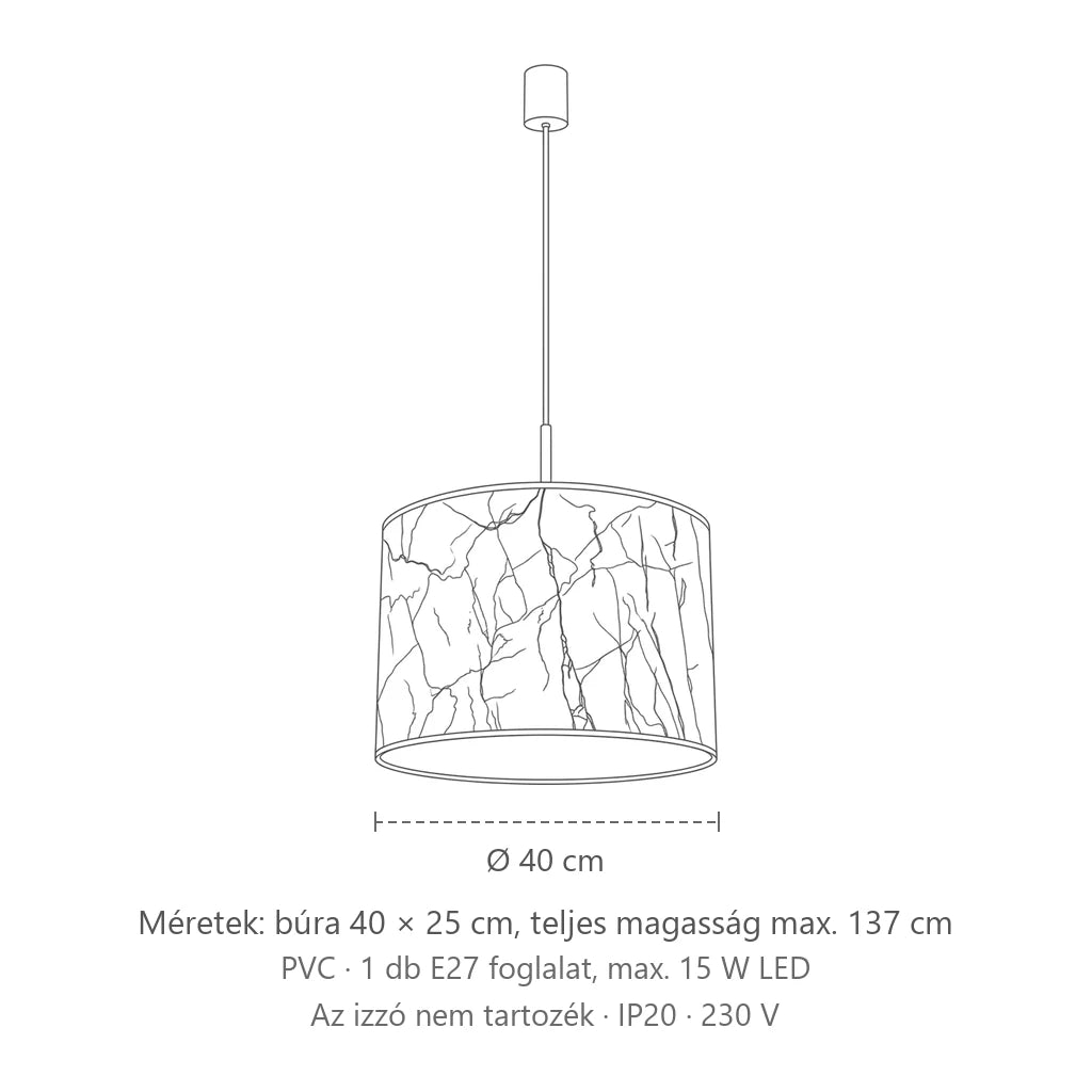 Henger búrás függőlámpa ø 40 cm méretei (PVC): búra 40 × 25 cm, teljes magasság max. 137 cm