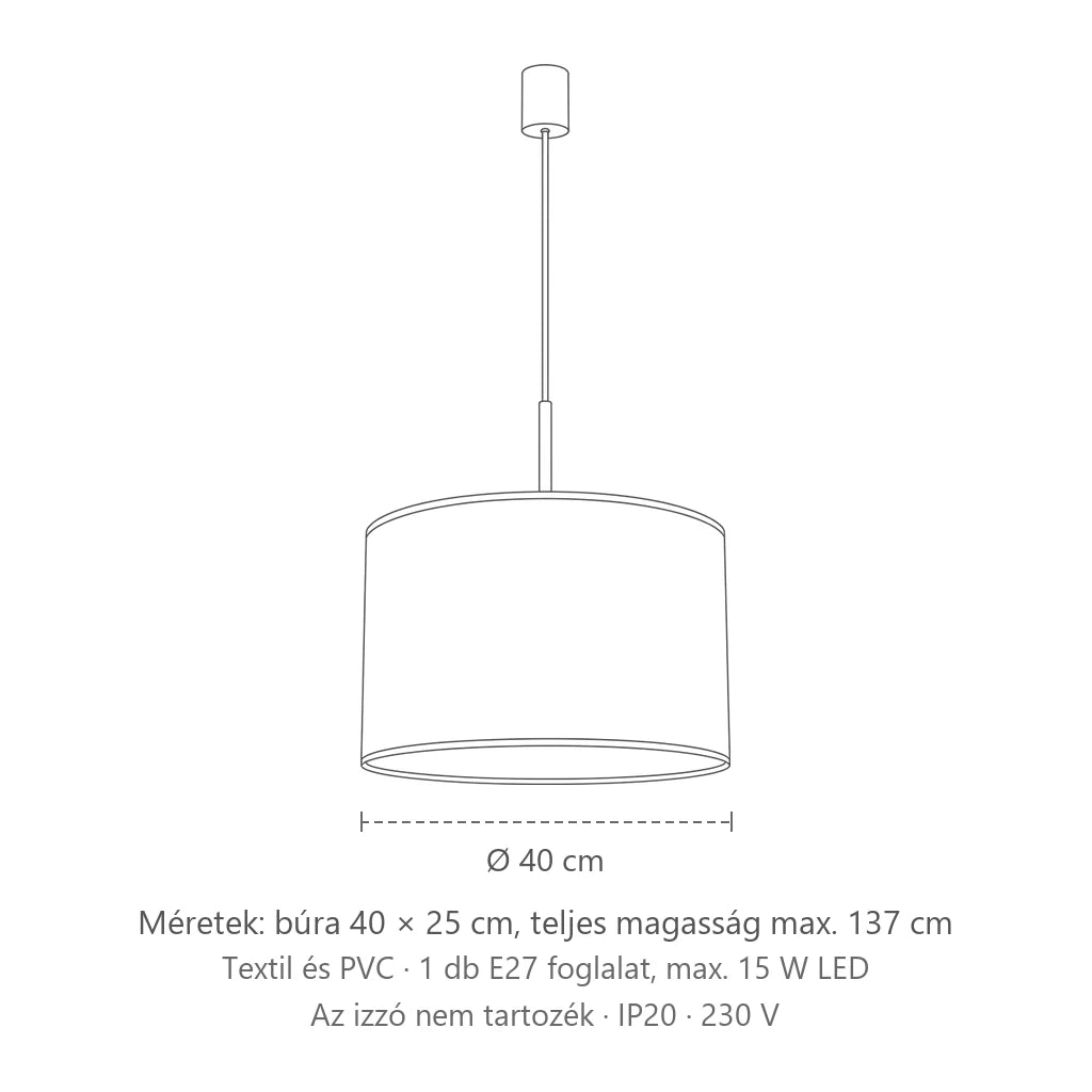 Henger búrás függőlámpa ø 40 cm méretei (Textil): búra 40 × 25 cm, teljes magasság max. 137 cm