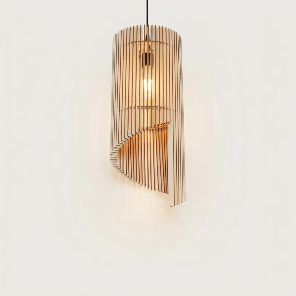 Világító henger alakú fa lamellás függőlámpa