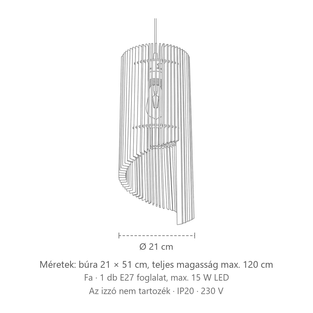Henger alakú fa lamellás függőlámpa méretei: búra 21 × 51 cm, teljes magasság max. 120 cm