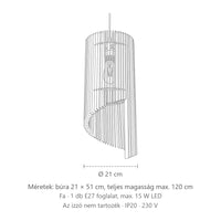 Henger alakú fa lamellás függőlámpa méretei: búra 21 × 51 cm, teljes magasság max. 120 cm