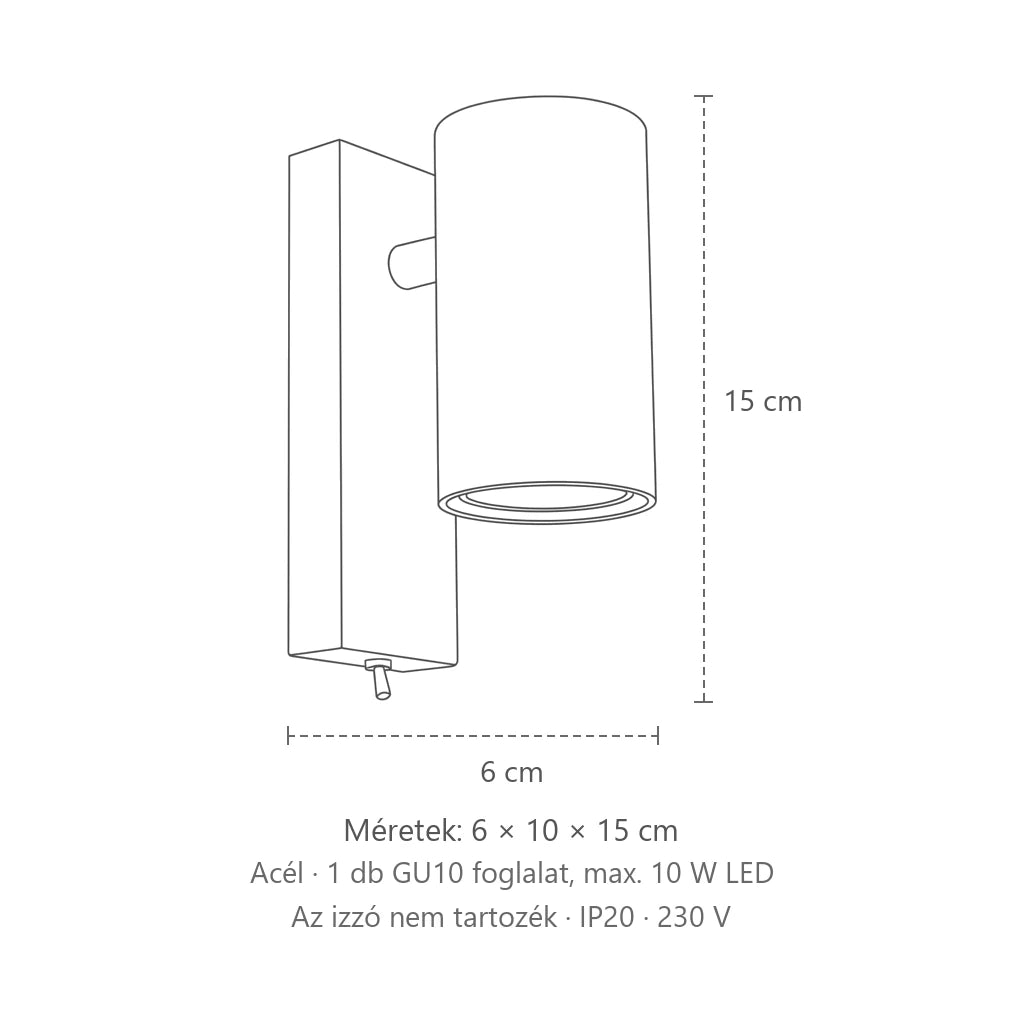 Henger fali lámpa talplemezen méretei: 6 × 10 × 15 cm