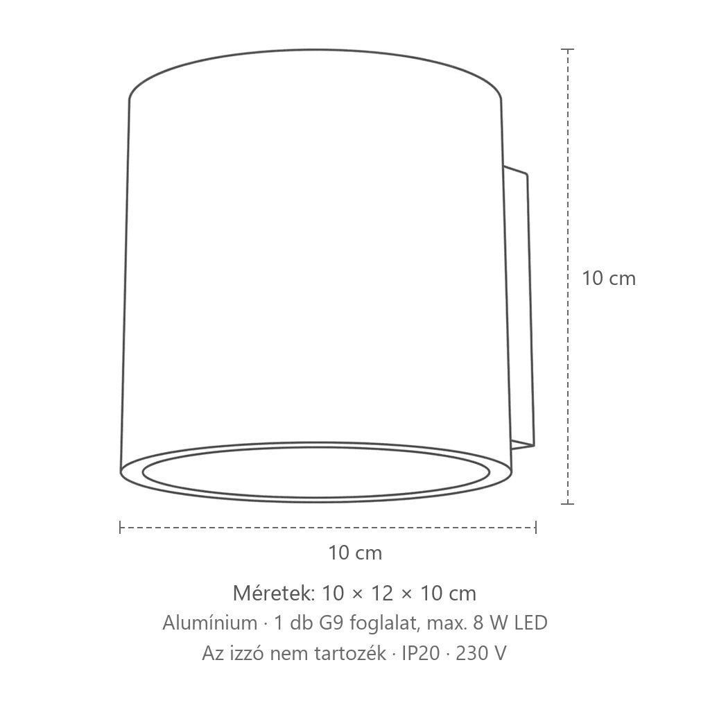 Henger alakú fel-le világító fali lámpa méretei (1 izzós – alumínium): 10 × 12 × 10 cm