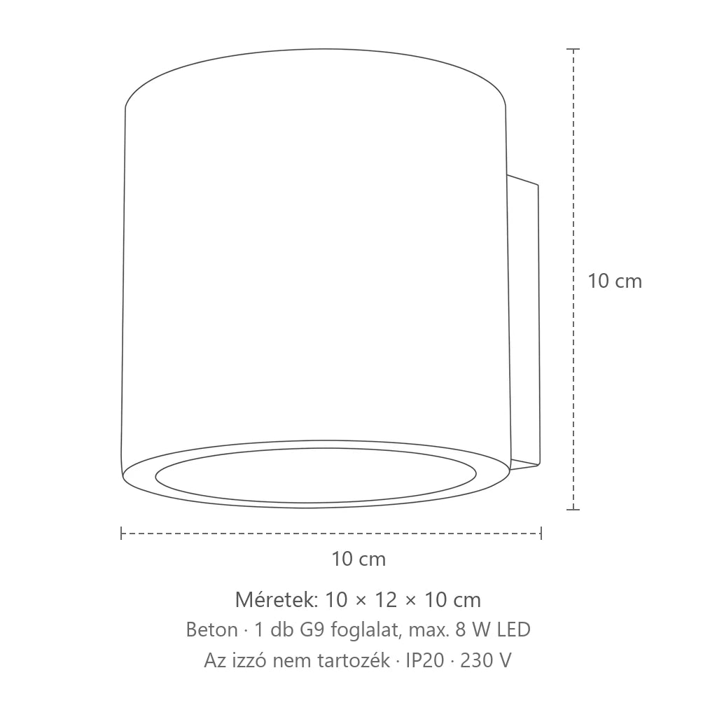 Henger alakú fel-le világító fali lámpa méretei (1 izzós – beton): 10 × 12 × 10 cm