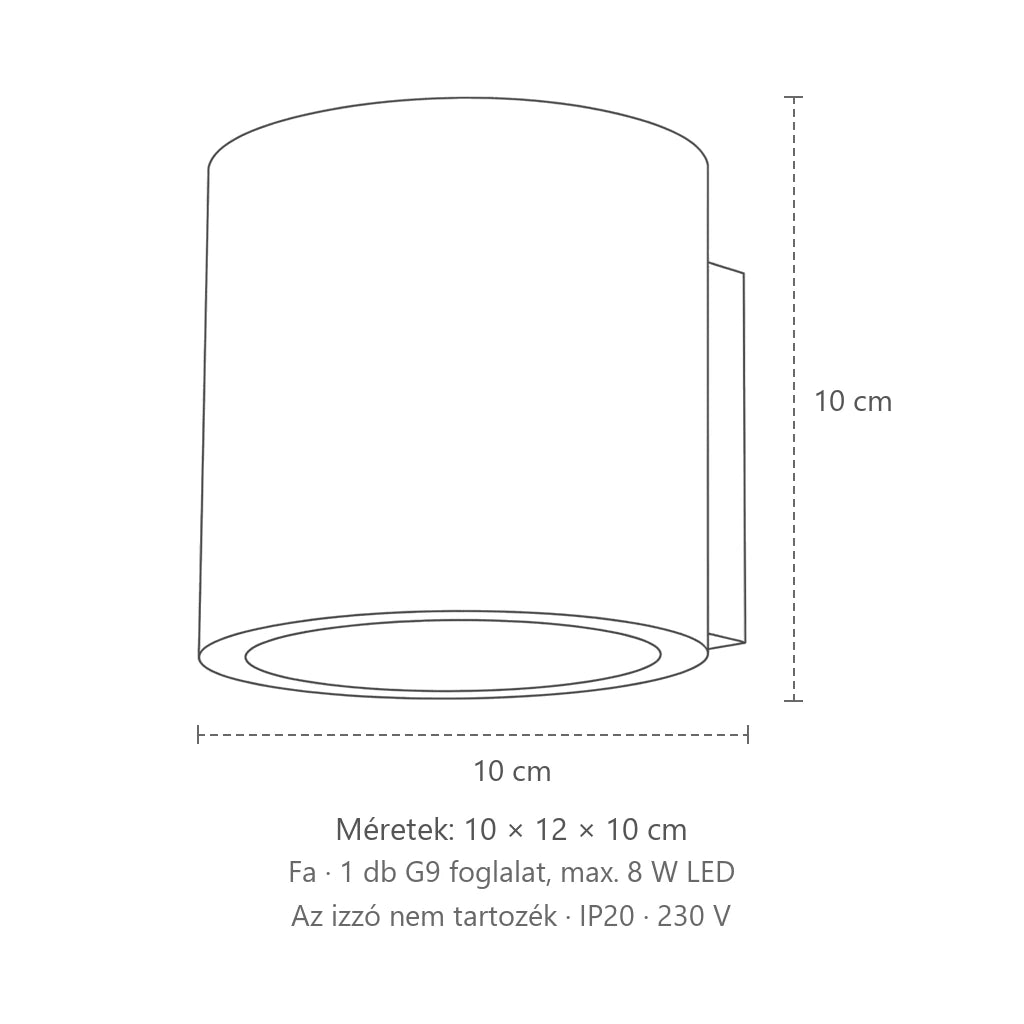 Henger alakú fel-le világító fali lámpa méretei (1 izzós – fa): 10 × 12 × 10 cm