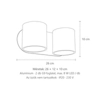 Henger alakú fel-le világító fali lámpa méretei (2 izzós – alumínium): 26 × 12 × 10 cm