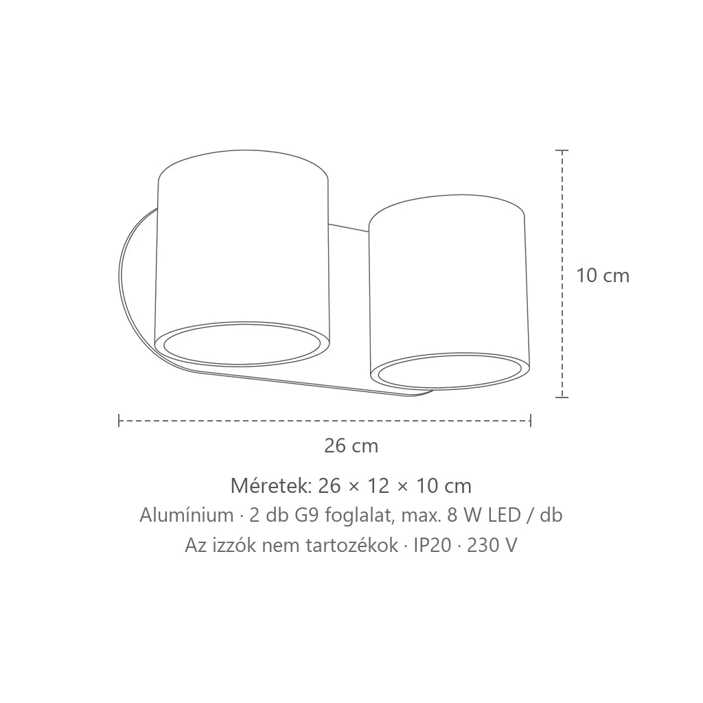 Henger alakú fel-le világító fali lámpa méretei (2 izzós – alumínium): 26 × 12 × 10 cm