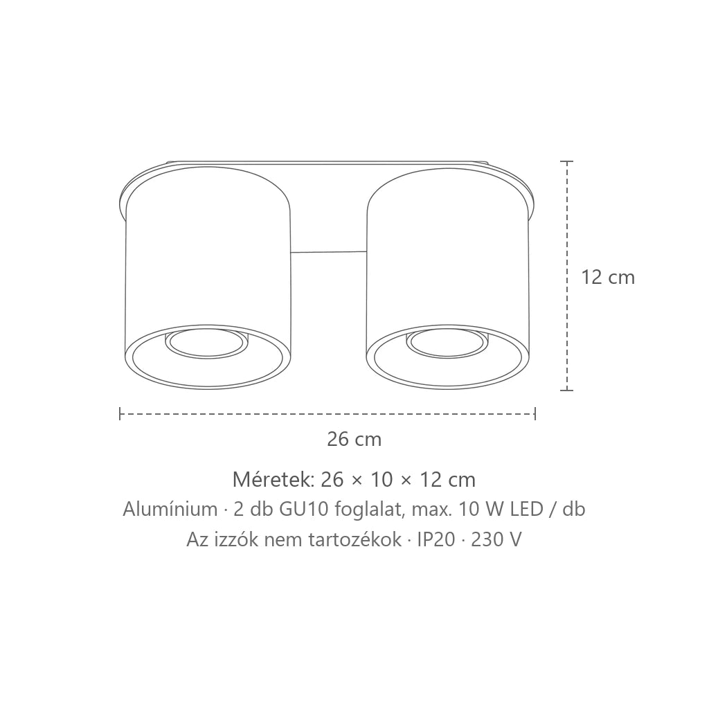 Henger alakú mennyezeti spotlámpa méretei (2 spot – alumínium): 26 × 10 × 12 cm