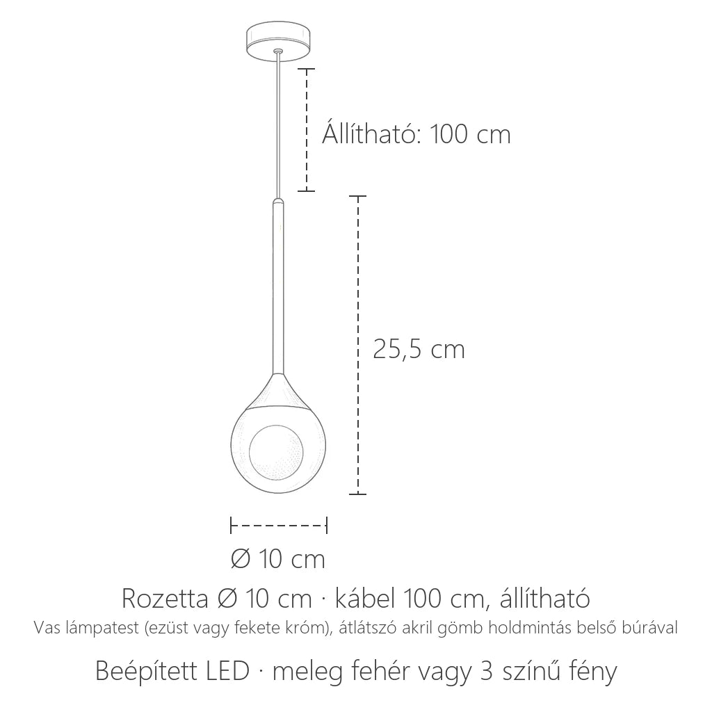 Hold függőlámpa méretei: Ø 10 cm, 25,5 cm magas