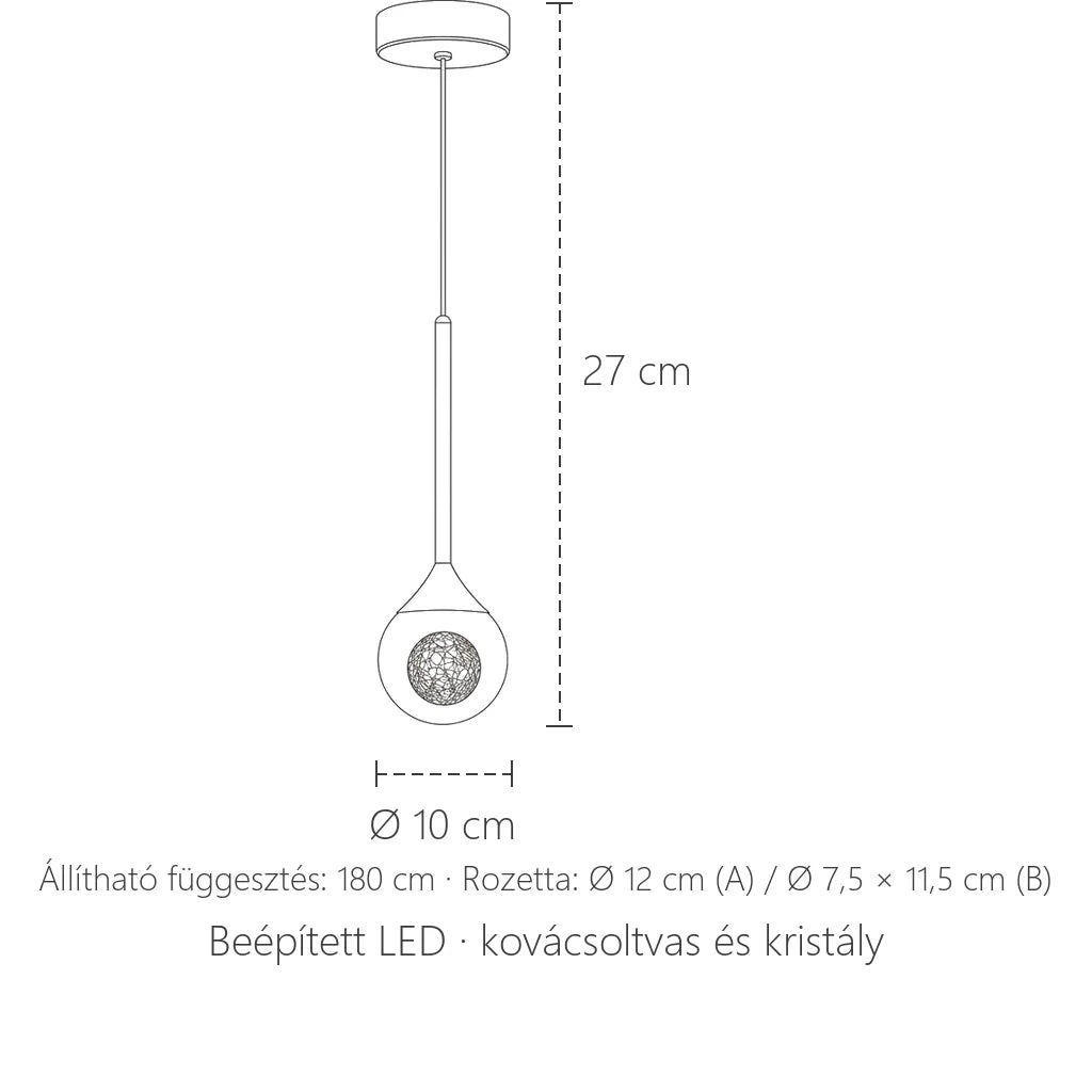 Hold kristály függőlámpa méretei: Ø 10 cm, 27 cm magas