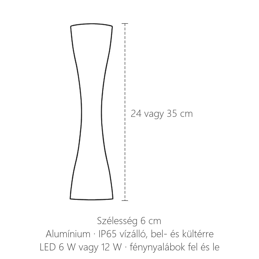 Homokóra formájú IP65 LED fali lámpa méretei: 24 vagy 35 cm magas, 6 cm széles