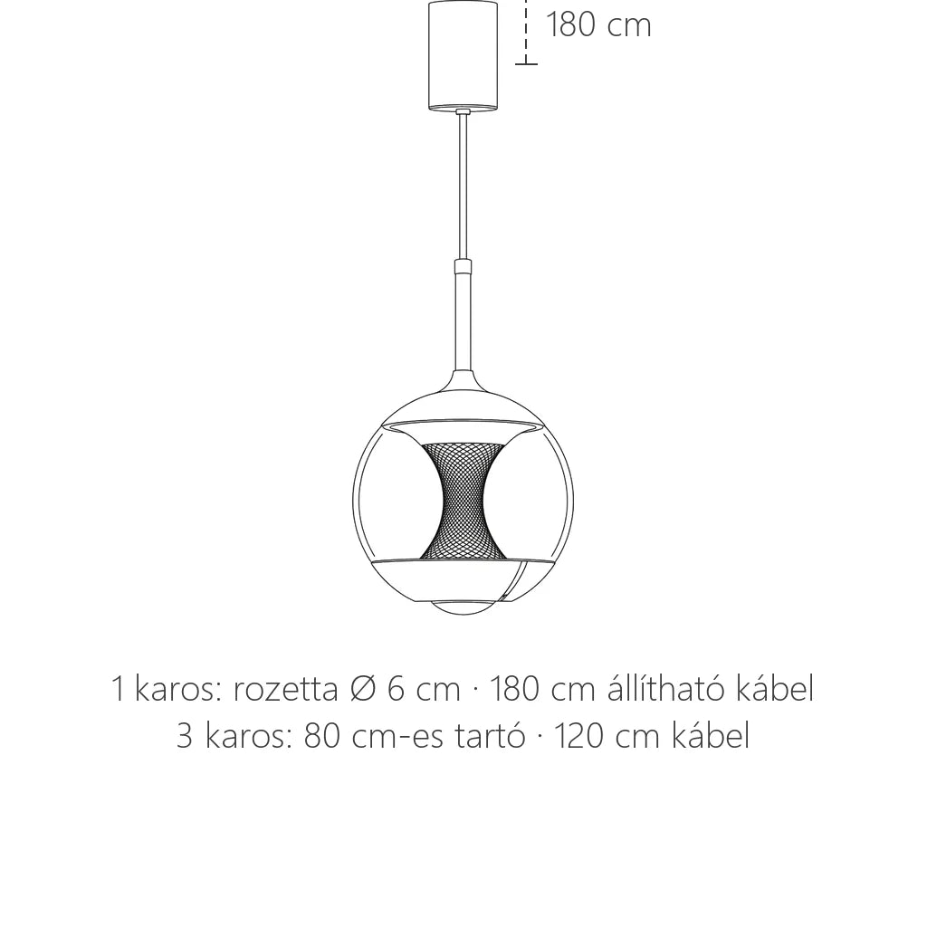 Üveggömb függő lámpa méretei: 180 cm kábel, háromkaros 80 cm