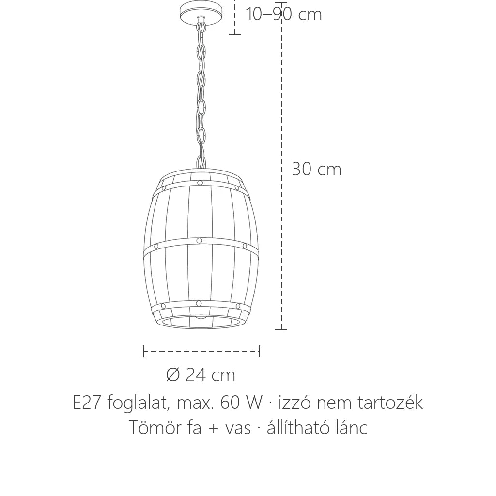 Hordó fa függőlámpa méretei: Ø 24 cm, 30 cm magas