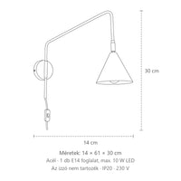 Hosszú karú olvasó fali lámpa kúpos ernyővel méretei (1 izzós – kapcsoló nélkül): 14 × 61 × 30 cm