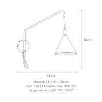Hosszú karú olvasó fali lámpa kúpos ernyővel méretei (1 izzós – kapcsolóval): 14 × 61 × 30 cm