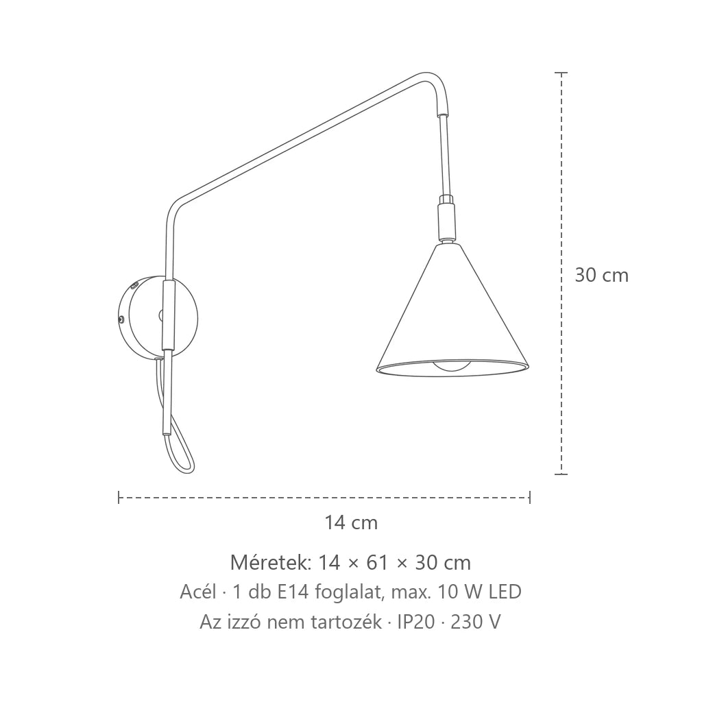 Hosszú karú olvasó fali lámpa kúpos ernyővel méretei (1 izzós – kapcsolóval): 14 × 61 × 30 cm