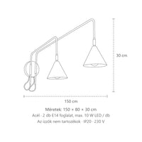 Hosszú karú olvasó fali lámpa kúpos ernyővel méretei (2 izzós – kapcsolóval): 150 × 80 × 30 cm