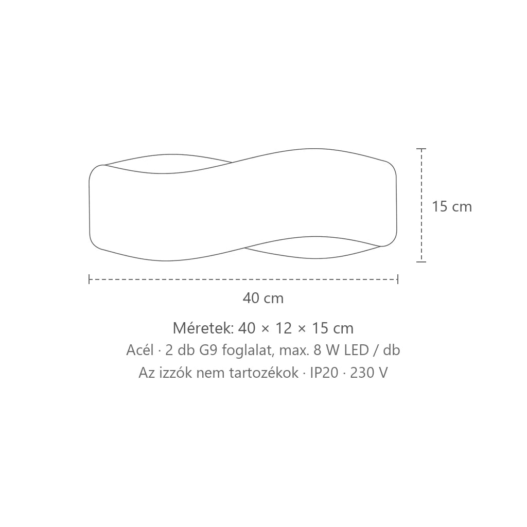 Hullámos acél sáv fali lámpa méretei (40 cm): 40 × 12 × 15 cm