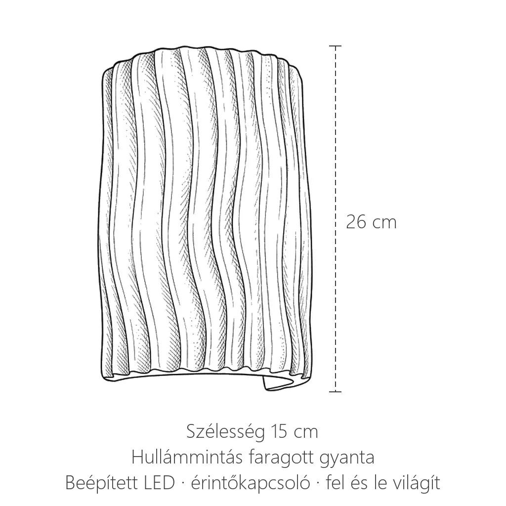 Hullámos gyanta LED fali lámpa méretei: 26 cm magas, 15 cm széles