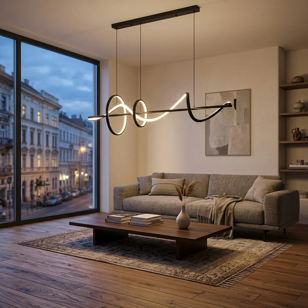 Fekete hullámos LED lámpa modern nappaliban kanapé fölött
