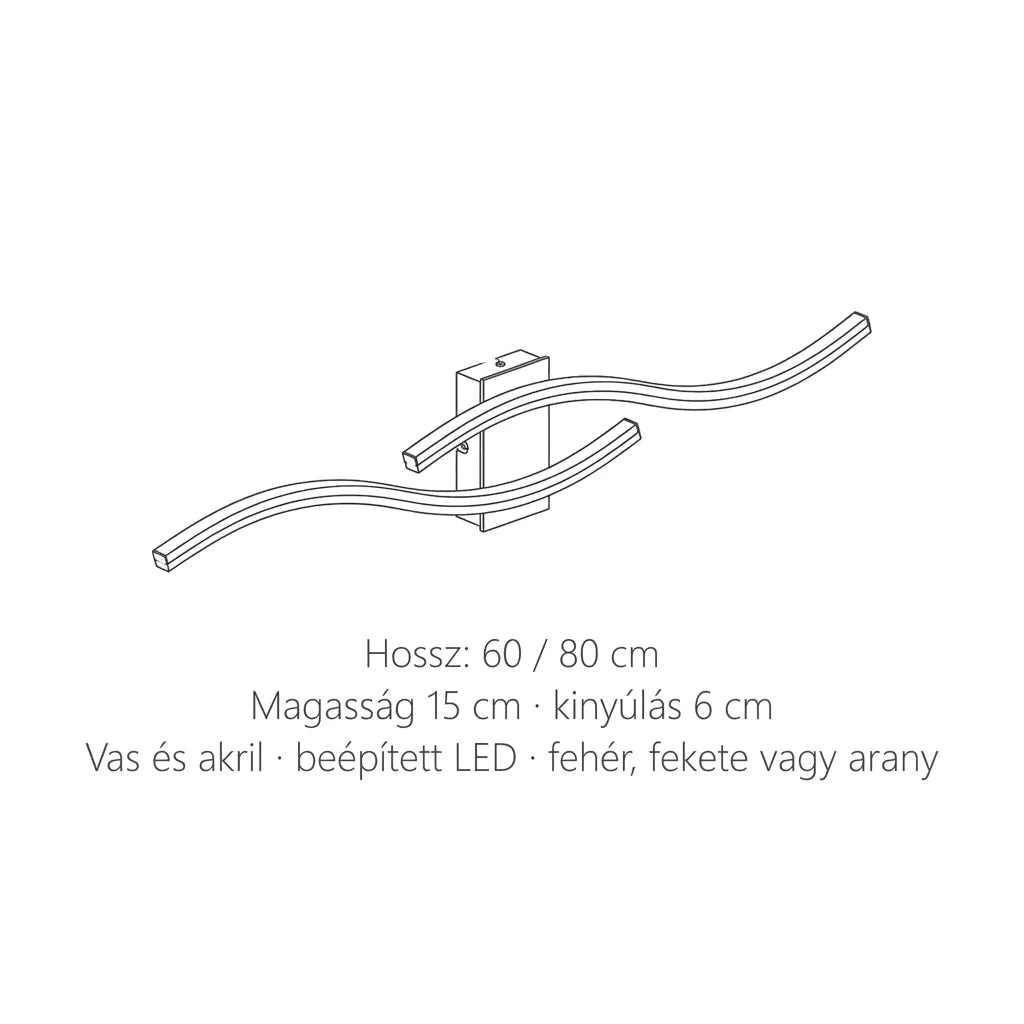 A hullámos LED fali lámpa méretei: hossz 60 vagy 80 cm, magasság 15 cm