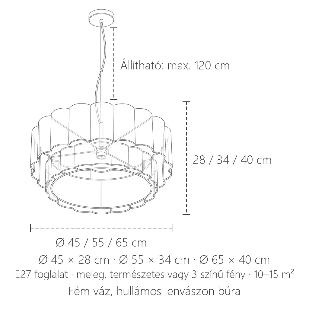 Lenvászon lámpa méretei: Ø 45 / 55 / 65 cm, max. 120 cm zsinór