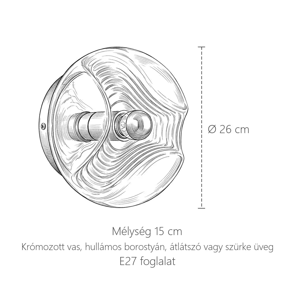 Hullámos üveg fali lámpa méretei: Ø 26 cm, mélység 15 cm
