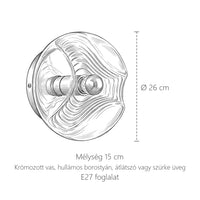 Hullámos üveg fali lámpa méretei: Ø 26 cm, mélység 15 cm
