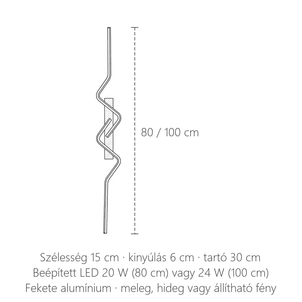 Hullámvonal LED fali lámpa méretei: 80 vagy 100 cm magas