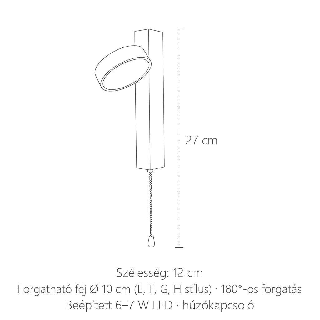 Húzókapcsolós skandináv LED fali lámpa méretei: 27 cm magas, 12 cm széles
