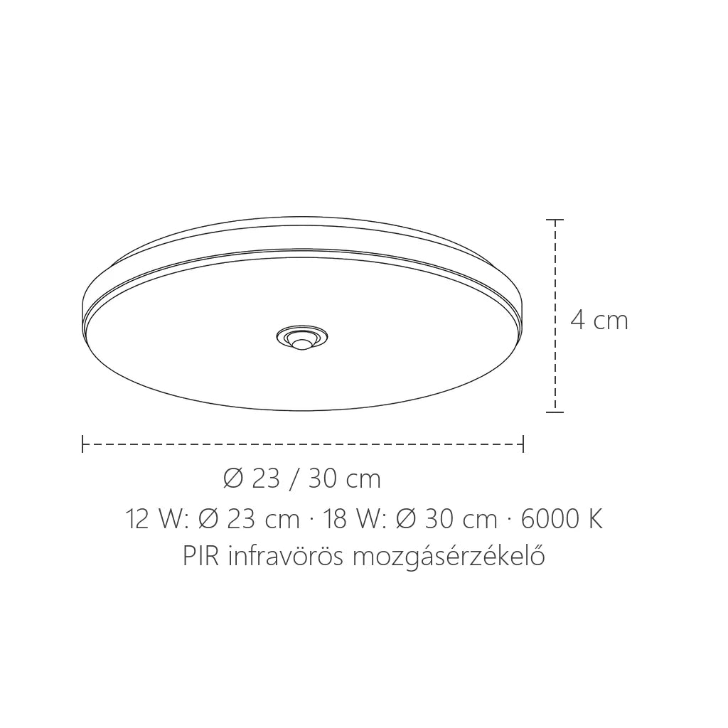 Infravörös szenzoros lámpa méretei: Ø 23 vagy 30 cm, 4 cm magas