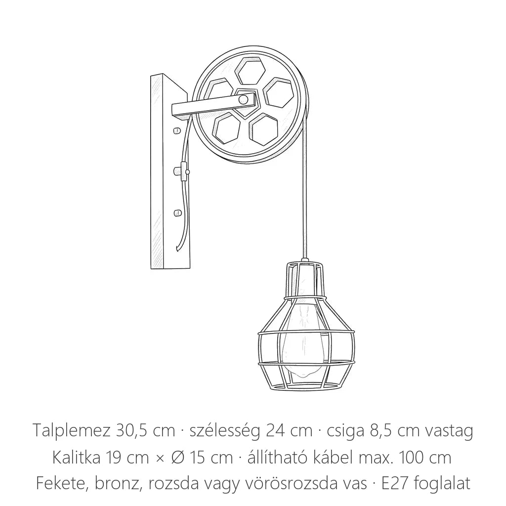 Ipari csigás kalitkás fali lámpa méretei: talplemez 30,5 cm, kalitka Ø 15 cm