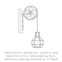 Ipari csigás kalitkás fali lámpa méretei: talplemez 30,5 cm, kalitka Ø 15 cm