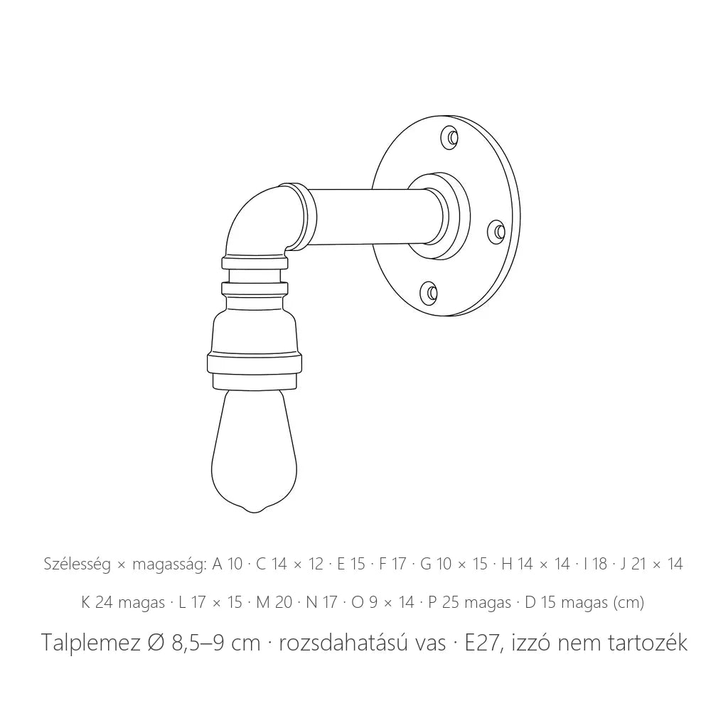 Ipari csöves fali lámpa 16 formájának méretei, talplemez Ø 8,5–9 cm