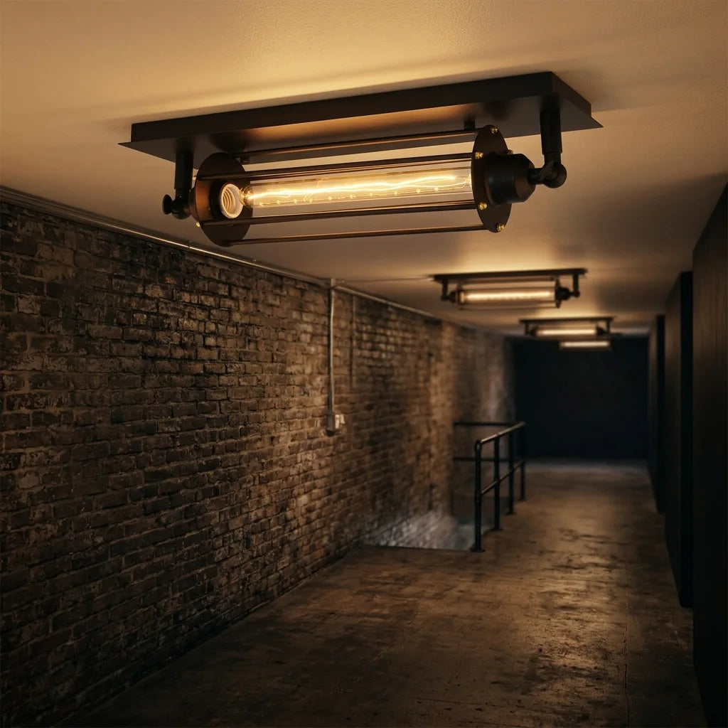 Egyfejes csőlámpák téglafalas loft folyosón