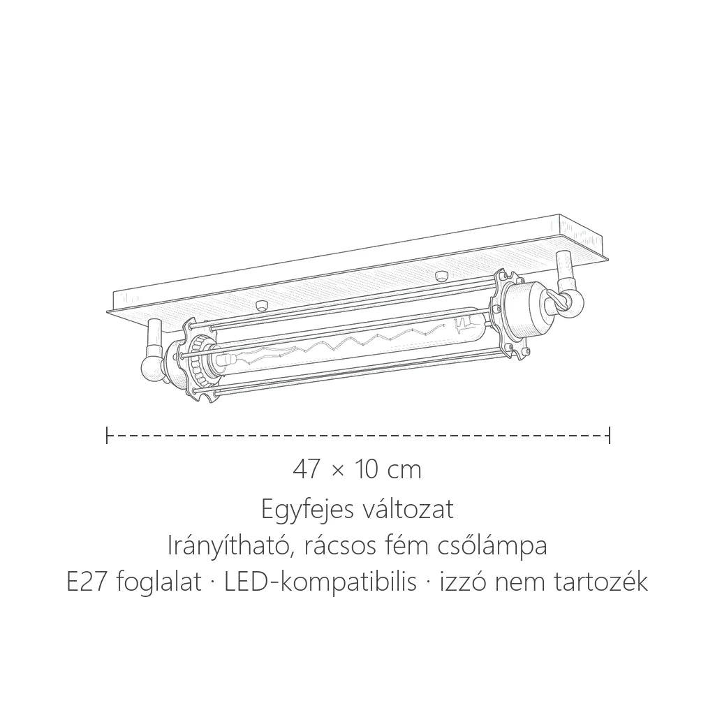 Egyfejes ipari csőlámpa méretei: 47 × 10 cm