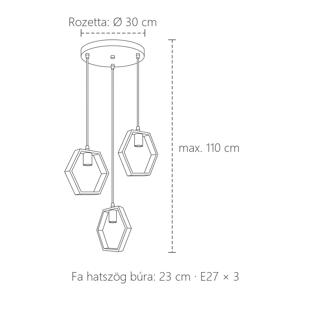 Fa hatszög búrás csillár méretei: Ø 30 cm rozetta, 23 cm búra, max. 110 cm
