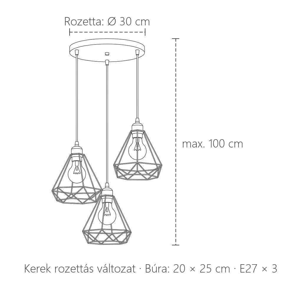 Kerek rozettás drótketres csillár méretei: Ø 30 cm rozetta, 20 × 25 cm búra
