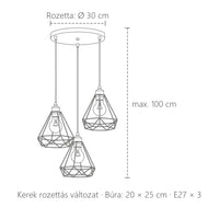 Kerek rozettás drótketres csillár méretei: Ø 30 cm rozetta, 20 × 25 cm búra