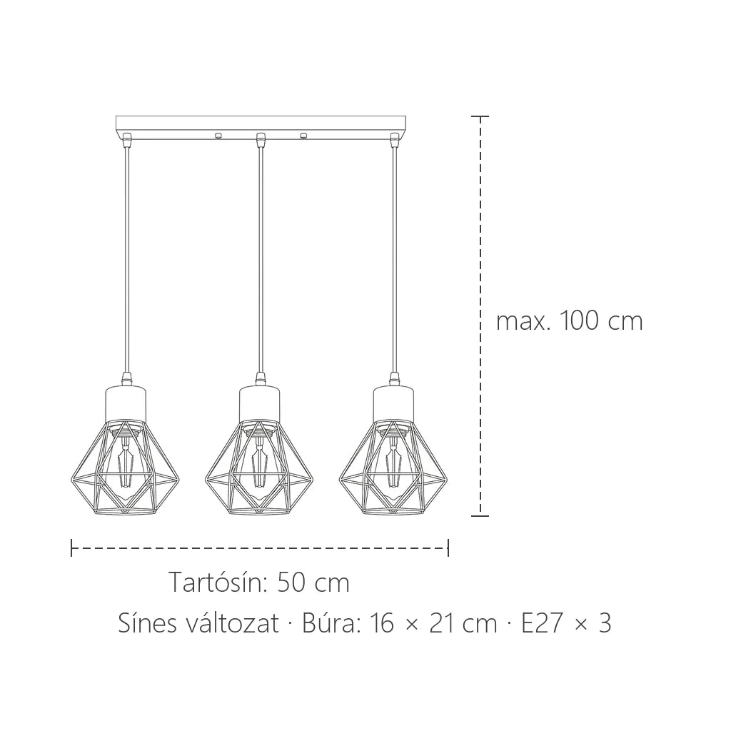 Sínes drótketres csillár méretei: 50 cm sín, max. 100 cm, 16 × 21 cm búra