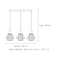 Sínes drótketres csillár méretei: 50 cm sín, max. 100 cm, 16 × 21 cm búra