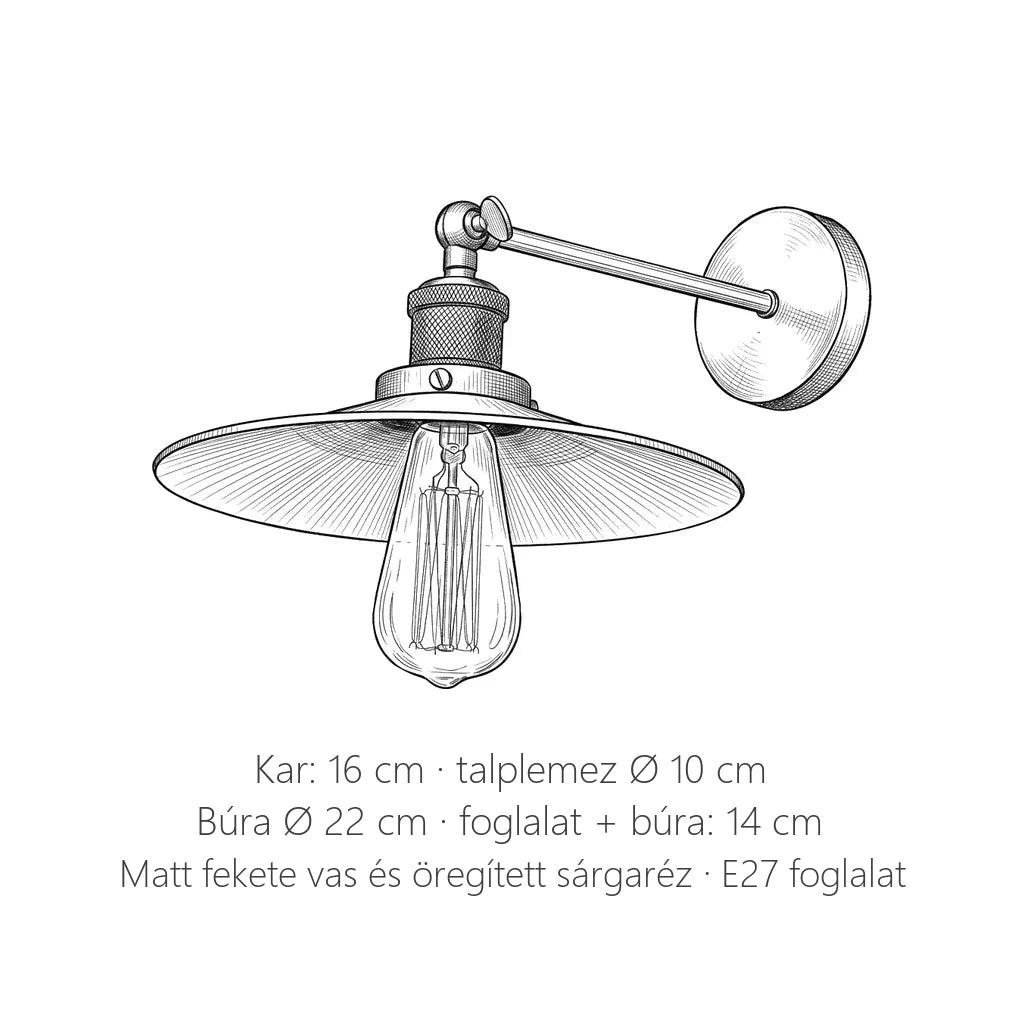 Ipari kúp búrás fali lámpa méretei: kar 16 cm, búra Ø 22 cm
