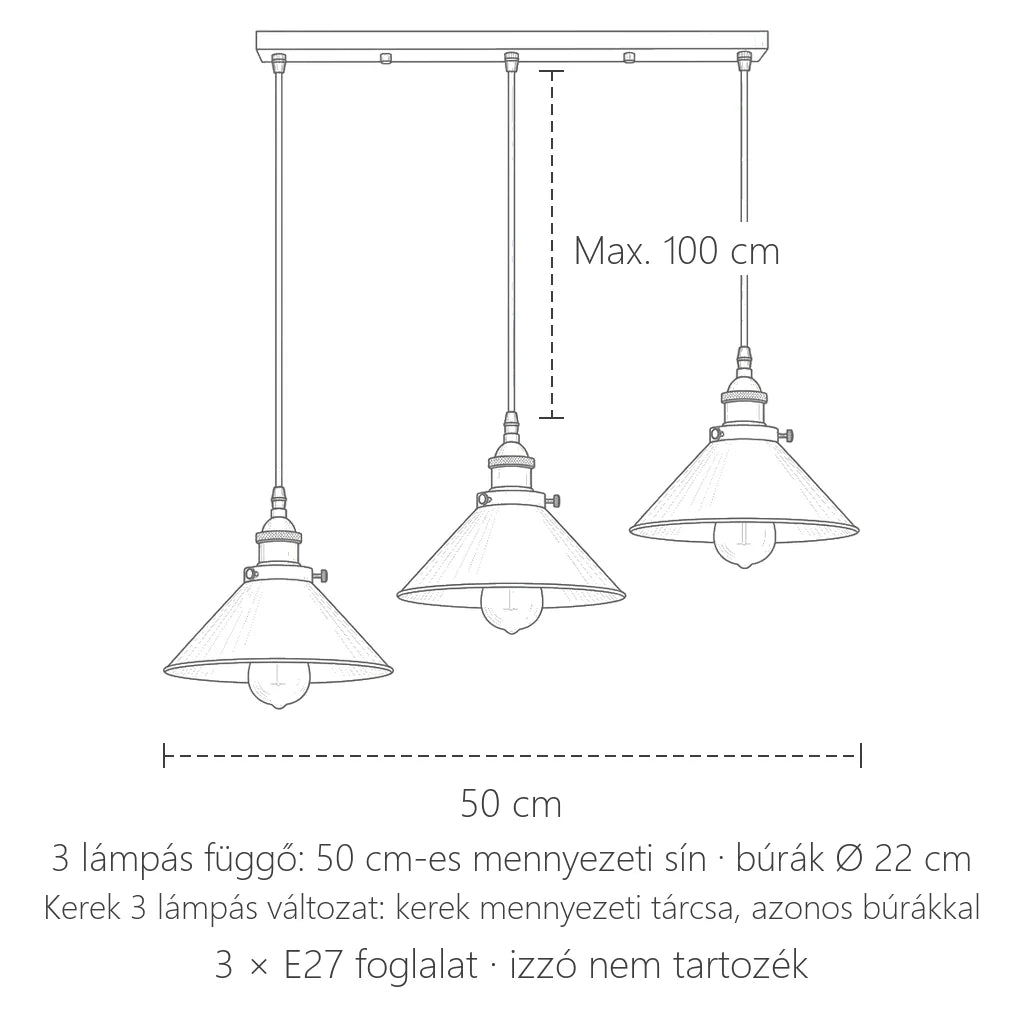 Háromlámpás változat méretei: 50 cm sín, max. 100 cm zsinór