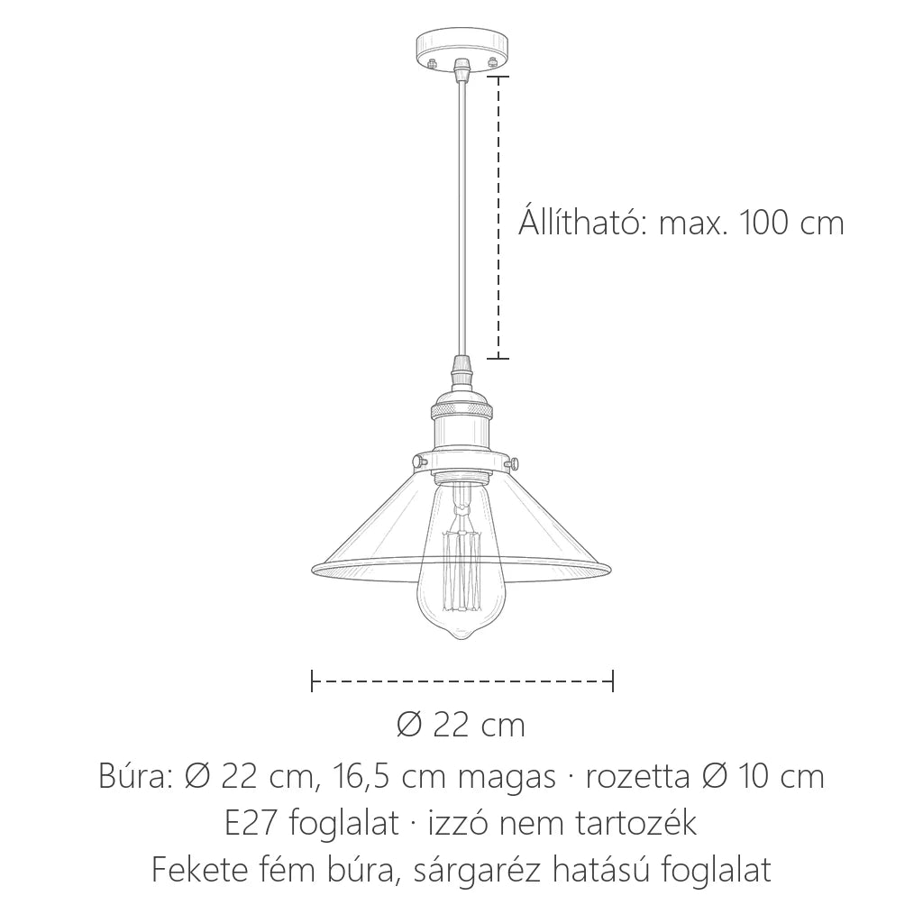 Ipari függőlámpa méretei: Ø 22 cm, max. 100 cm zsinór