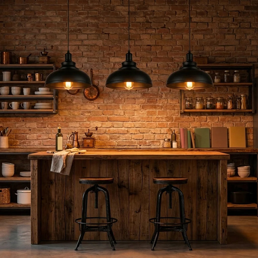 Három fekete ipari lámpa loft konyhában