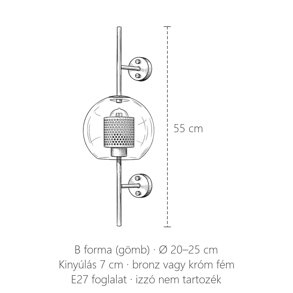 Ipari üveg gömb fali lámpa méretei: 55 cm magas