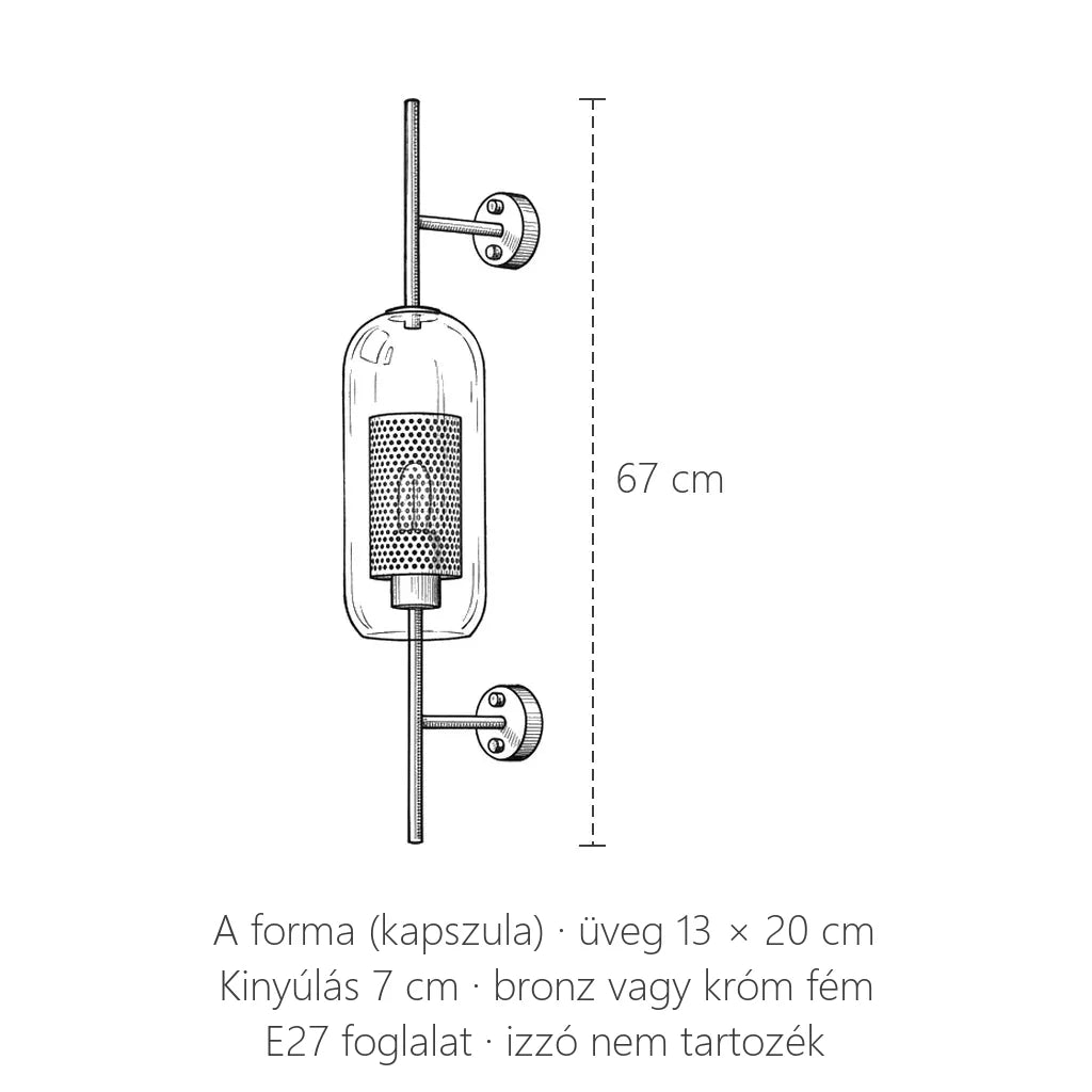 Ipari üveg kapszula fali lámpa méretei: 67 cm magas