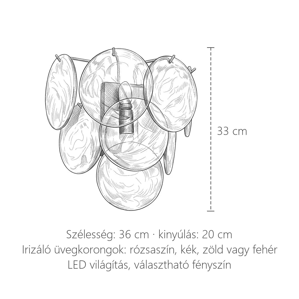 Irizáló üvegkorongos fali lámpa méretei: 33 × 36 cm, kinyúlás 20 cm