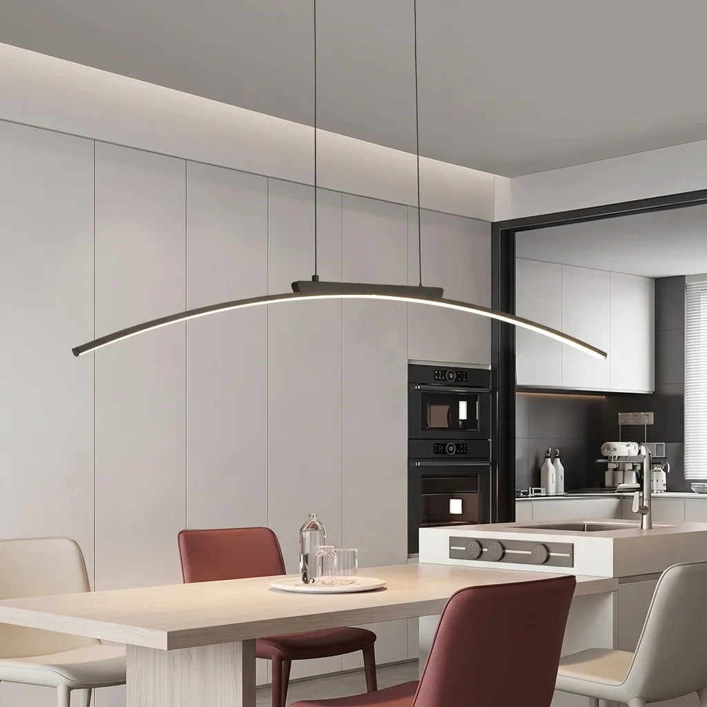 Ív alakú LED lámpa modern konyha-étkezőben