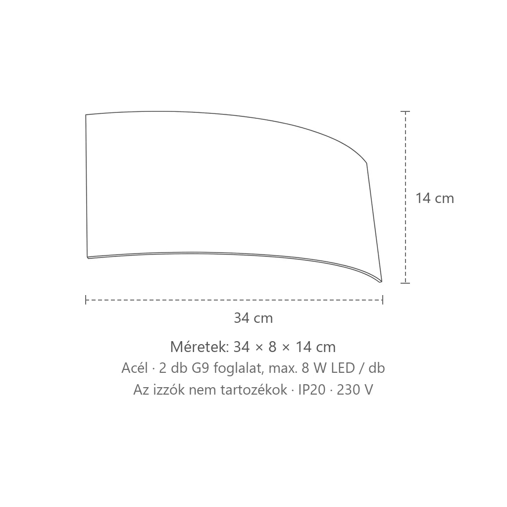 Ívelt acél ernyős fali lámpa méretei: 34 × 8 × 14 cm